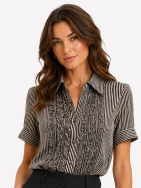 Anne Klein Silk Striped Button Front Blouse Ruffle Pintuck Size 6